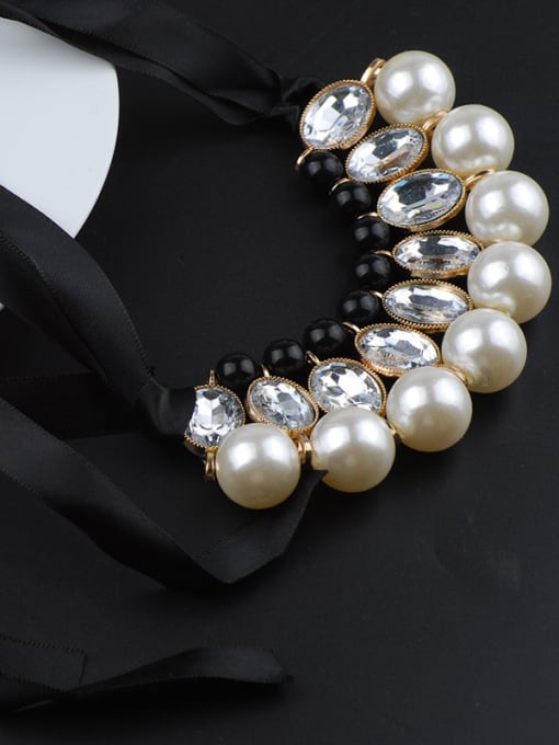 Qunqiu Fashion White Imitation Pearls Stones Black Ribbon Necklace 1