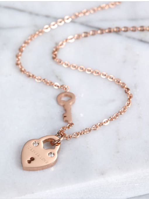 Rose Gold Individual Titanium Heart And Key Shaped Zircon Necklace