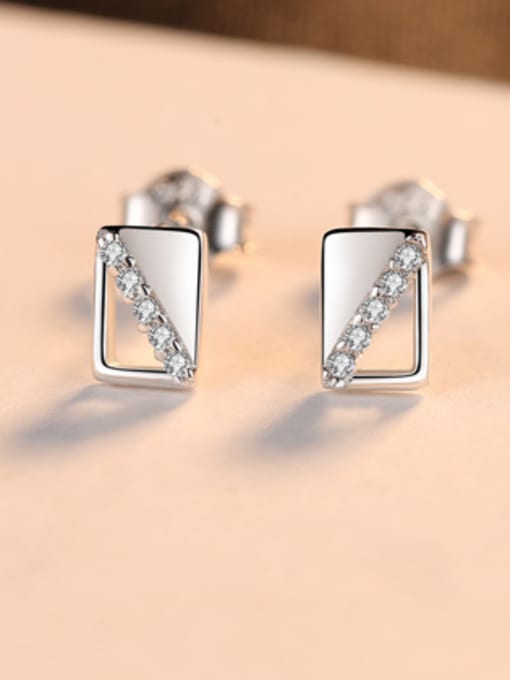 Platinum -16E01 925 Sterling Silver With Rhinestone  Simplistic Square Stud Earrings