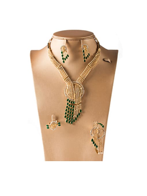 Green 18K Artificial Crystal Tassels Colorfast Four Pieces Jewelry Set