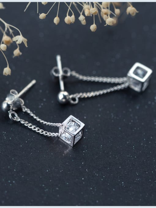 Rosh All-match Square Shaped Shimmering Zircon Silver Drop Earrings 2