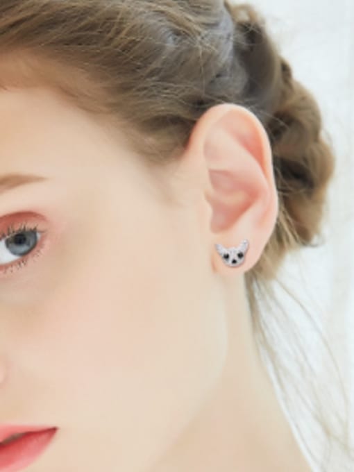 CEIDAI Fashion Asymmetrical Little Dog Zirconias Artificial Pearl 925 Silver Stud Earrings 1