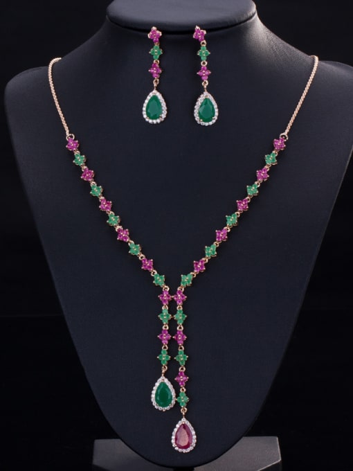 Rose Gold Red Green Water Drop Color Zircons Two Pieces Jewelry Set