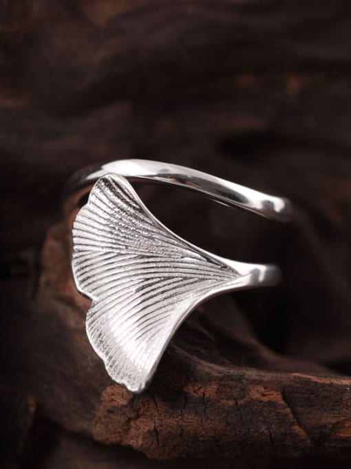 SILVER MI 2018 Fashion Ginkgo Leave Opening Statement Ring 1