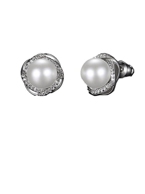 BLING SU Copper With  Artificial Pearl Simplistic Flower Stud Earrings 2