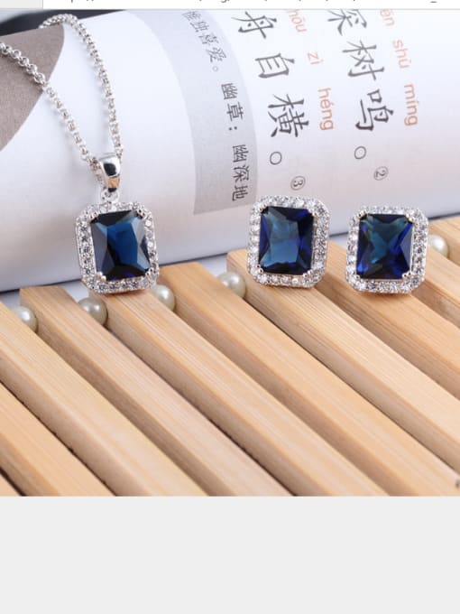Blue Europe and the United States 925 Sterling Silver rectangular zircon jewelry set