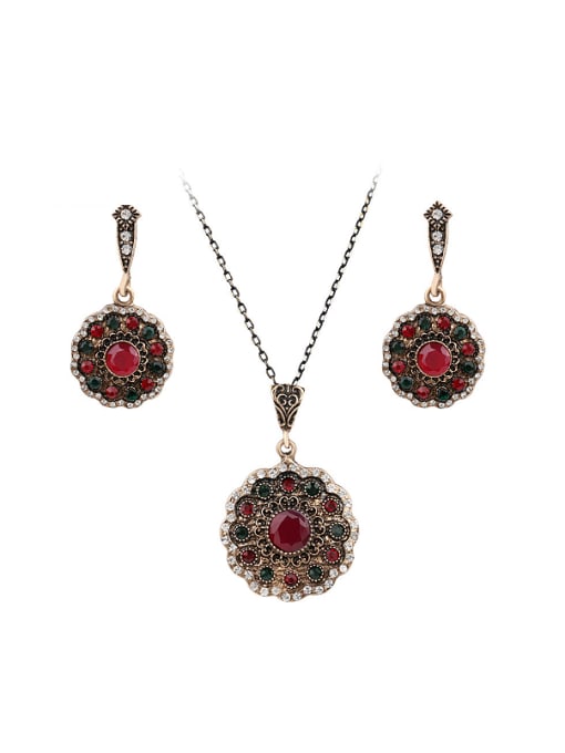 Gujin Retro style Red Resin stones White Crystals Flowery Two Pieces Jewelry Set 0