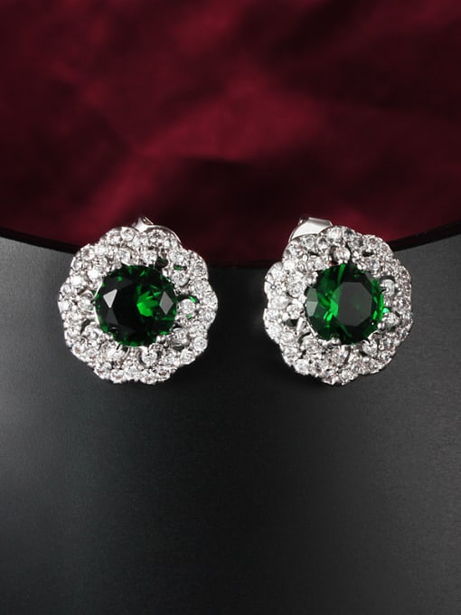 SANTIAGO Green Round Shaped Platinum Plated Zircon Stud Earrings 1