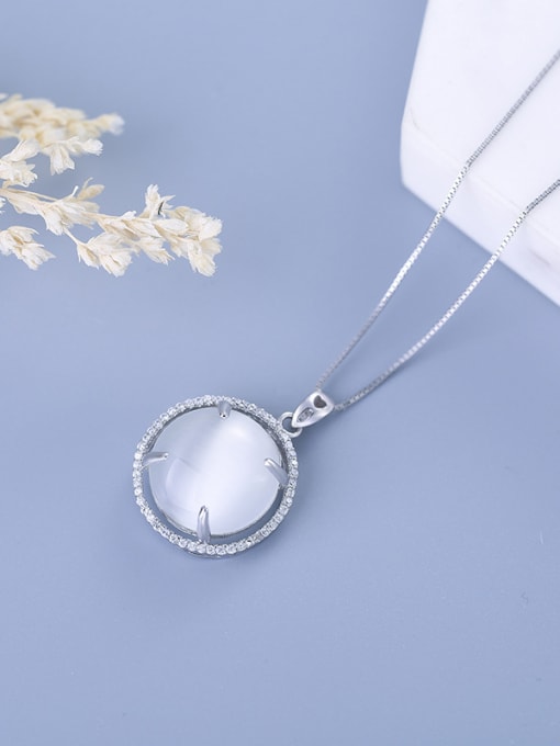 One Silver Simple Round Opal stone Tiny Zirconias 925 Silver Pendant 2