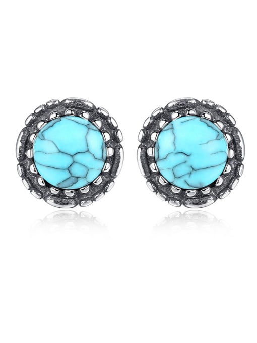 CCUI 925 Sterling Silver With Turquoise Vintage  Round Stud Earrings