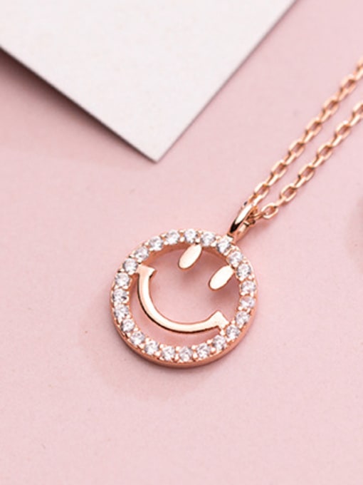 925 Silver Necklaces - Rose Gold Diamond round smiley face S925 Silver Necklace