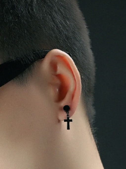 black Simple Dumbbell Cross Titanium Smooth Stud Earrings
