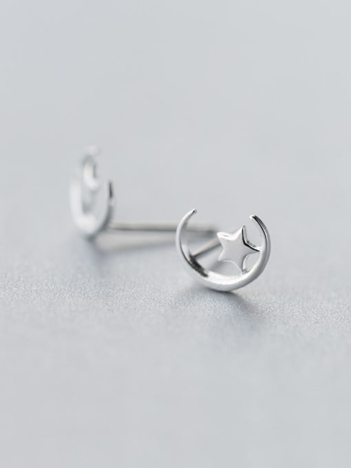 white Temperament Moon And Star Shaped S925 Silver Stud Earrings