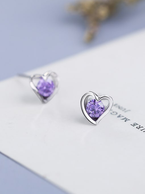 One Silver Simple Tiny Hollow Heart Purple Zircon 925 Silver Stud Earrings 1