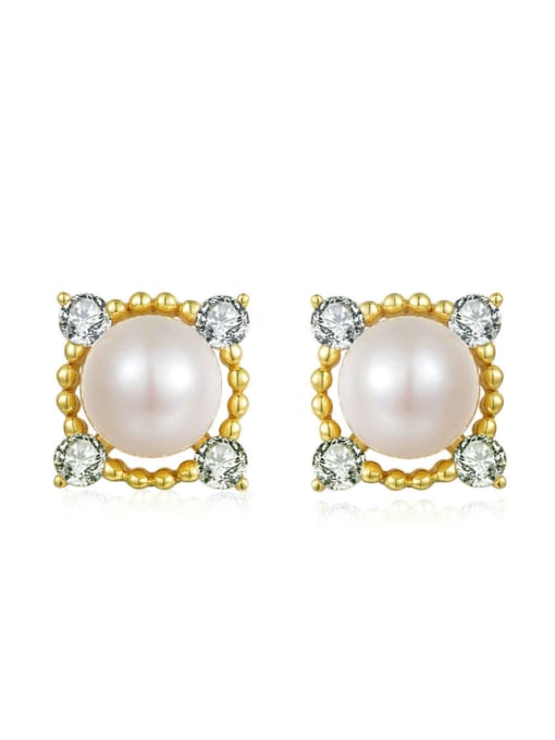 ZK Square-shape Freshwater Pearls Gold Plated Stud Earrings 0