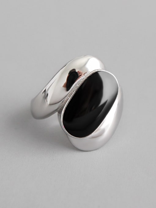DAKA 925 Sterling Silver With Platinum Plated Vintage Black Epoxy Wide Face Free Size Rings 3
