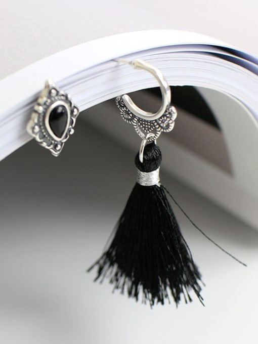 DAKA Asymmetrical Black Carnelian Tassels Silver Stud Earrings 2