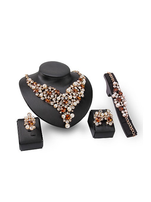 Champagne Alloy Imitation-gold Plated Fashion Artificial Pearls and Stones Four Pieces Jewelry Set