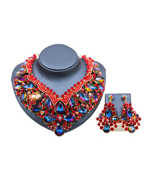 Red & Multi-color Water Drop Glass and Rhinestones Exaggerated Two Pieces Jewelry Set