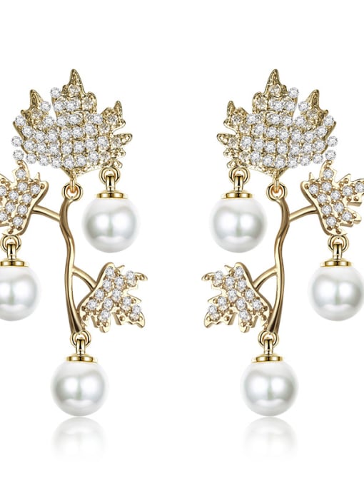 Golden New imitation pearl tassel micro-inlay zricon leaf earrings