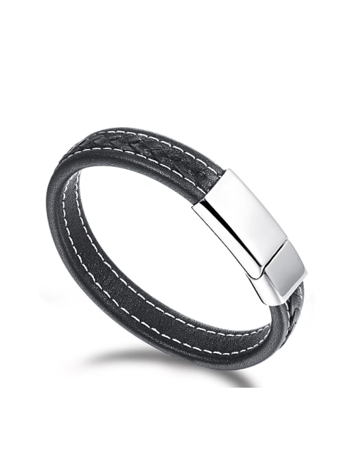 Open Sky Simple Black Artificial Leather Titanium Bracelet 0