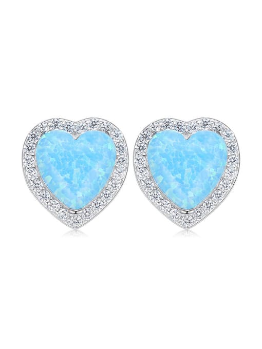 blue Fashion Heart Opal stone Cubic Shiny Zirconias 925 Silver Stud Earrings