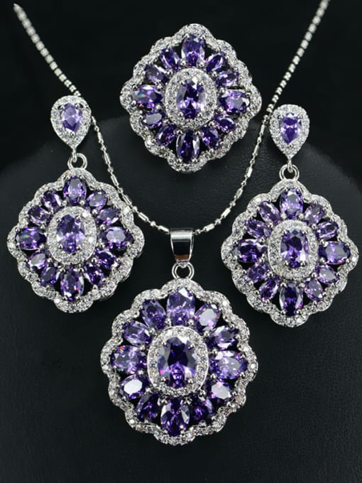 Purple Ring 6 Yards Colorful Zircons Flower Three Pieces Jewelry Set