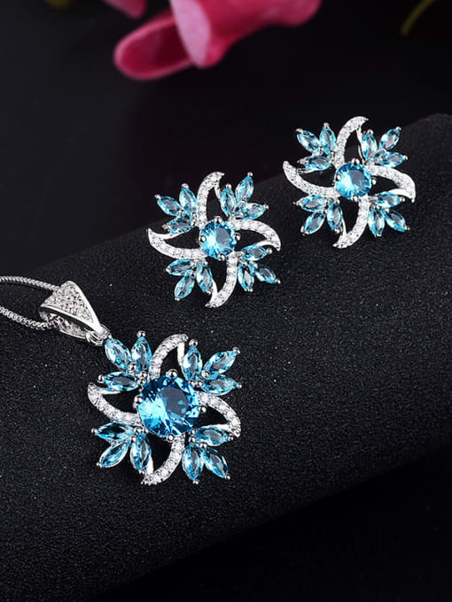 blue Copper With Glass stone Trendy Flower 2 Piece Jewelry Set