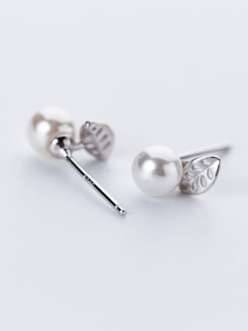 Rosh Elegant Leaf Shaped Artificial Pearl Silver Stud Earrings 0