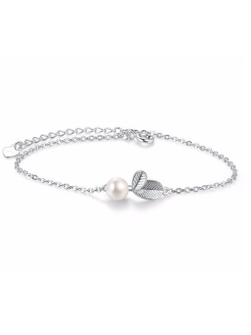 ZK Simple White Artificial Pearl Little Leaves 925 Sterling Silver Bracelet 0