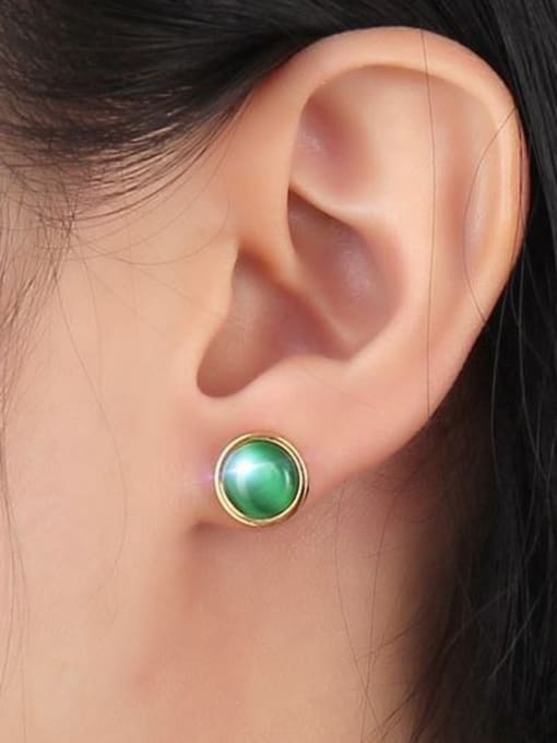 CONG Green Round Shaped Opal Titanium Stud Earrings 1