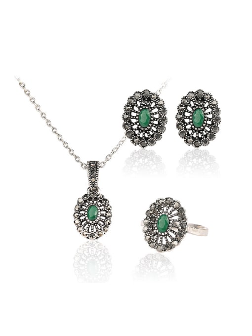 Gujin Retro style Green Resin stones Grey Rhinestones Three Pieces Jewelry Set