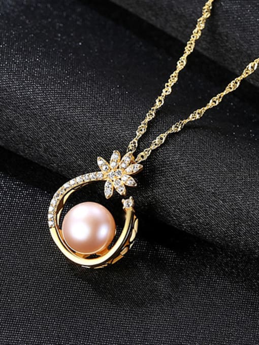 Pink 18K-Gold Pure Silver AAA zircon  Natural Freshwater Pearl Pendant Necklace