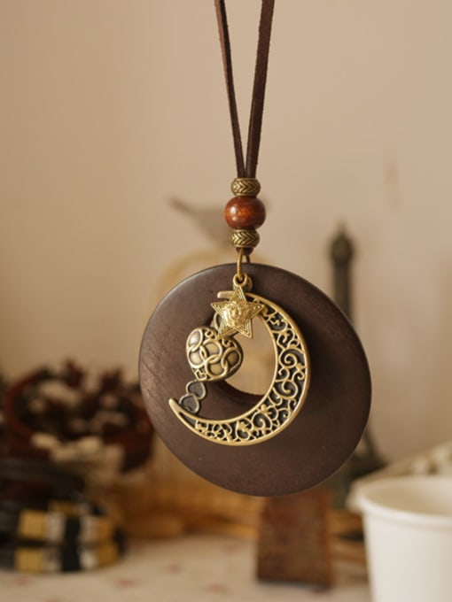 Coffee Wood Moon Wooden Round Shaped Moon Necklace