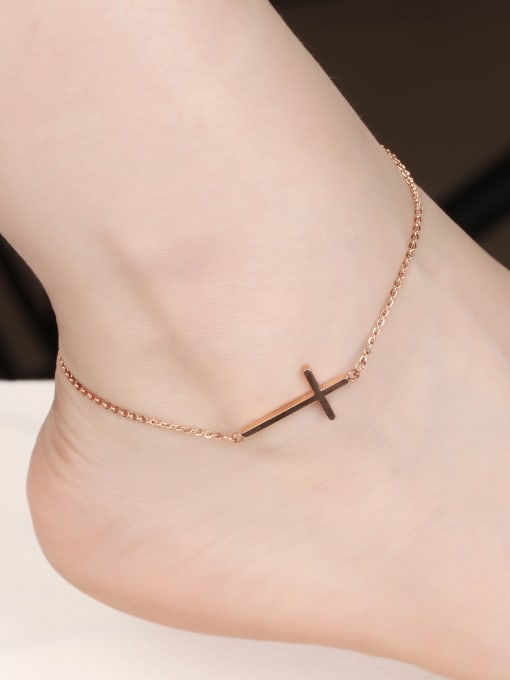 Open Sky Simple Cross Rose Gold Plated Titanium Anklet 1