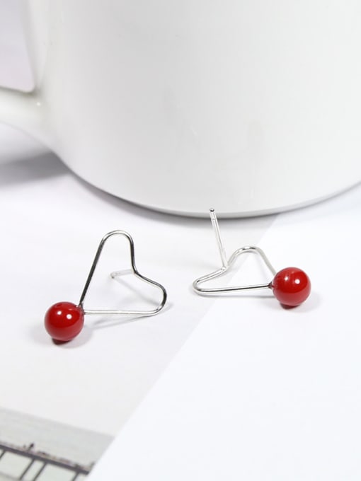 Peng Yuan Fashion Hollow Heart Red Bead 925 Silver Stud Earrings 1