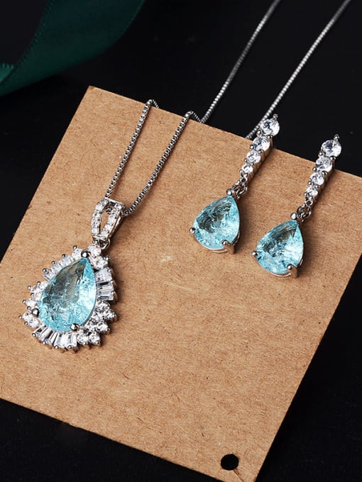 light blue+platinum Copper With Glass stone Classic Water Drop 2 Piece Jewelry Set
