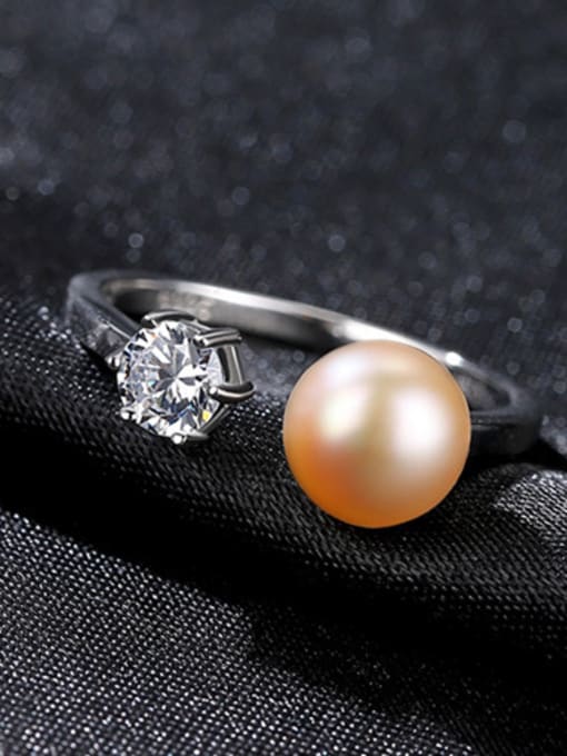 Pink Sterling silver zircon natural freshwater pearl free size ring