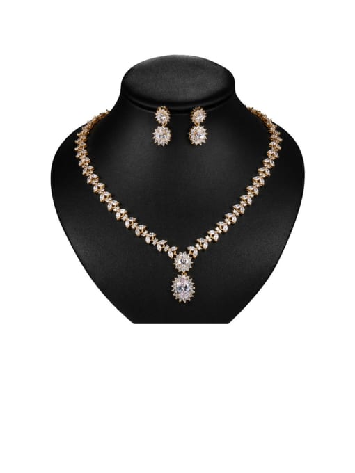 Mo Hai Copper With Cubic Zirconia Luxury Flower  Earrings And Necklaces 2 Piece Jewelry Set