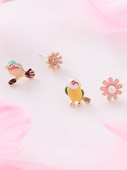 Girlhood Alloy With Rose Gold Plated Cute Asymmetry  Little Bird Flower  Stud Earrings 1