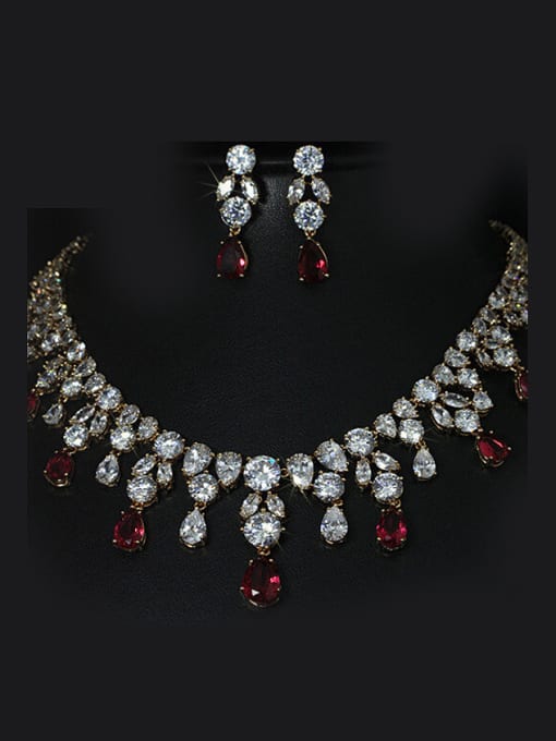 Platinum Red Stones Shining Wedding Accessories Two Pieces Jewelry Set