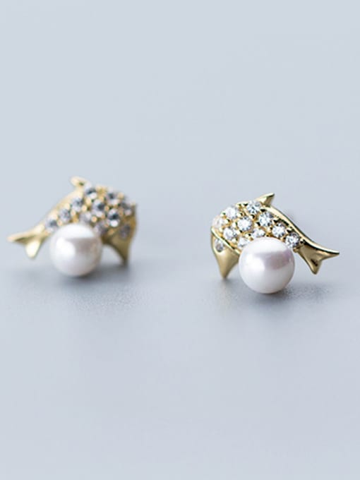 Golden Lovely Dolphin Shaped Gold Plated Artificial Pearl Stud Earrings