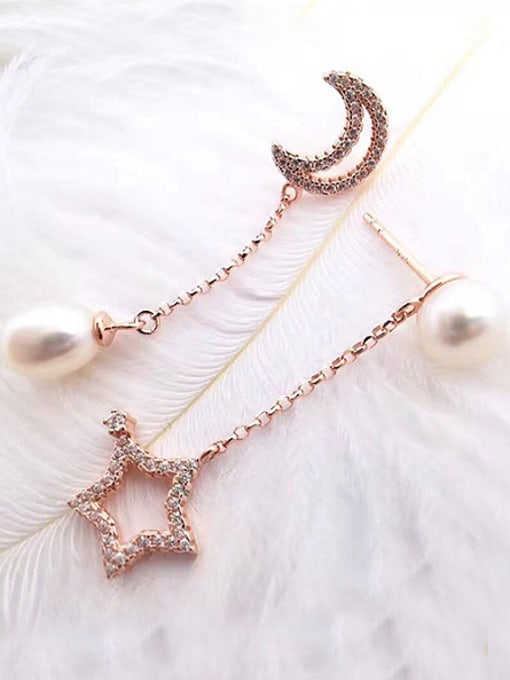 rose gold Moon Star Freshwater Pearl Drop threader earring