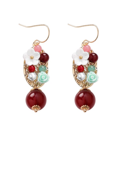 A Bead (Red) Alloy With Gold Plated Vintage Flower Hook Earrings