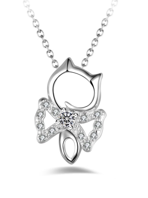 White Fashion Cartoon Kitten Shiny Cubic Zirconias Copper Necklace