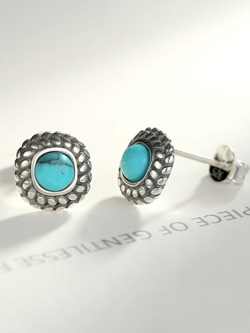 CCUI 925 Sterling Silver With Turquoise Vintage Square Stud Earrings 3