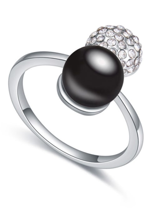 Black Fashionable Imitation Pearl Shiny Crystals-covered Bead Alloy Ring