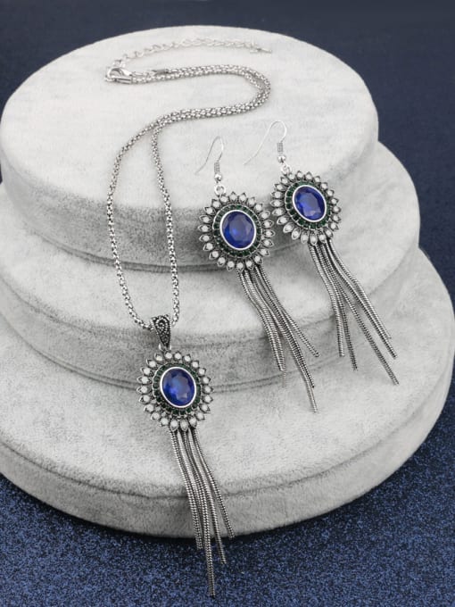 Gujin Vintage style Chain Tassels Blue Resin stones Two Pieces Jewelry Set 2