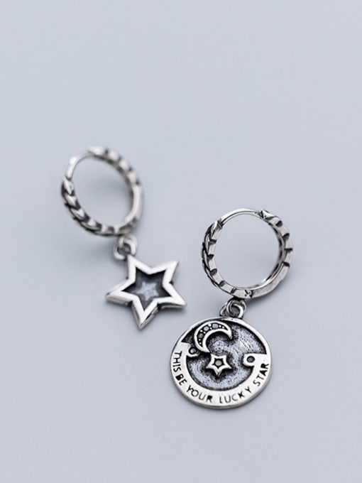 Rosh 925 Sterling Silver With Antique Silver Plated Asymmetry Black Pentagram Moon Clip On Earrings 0