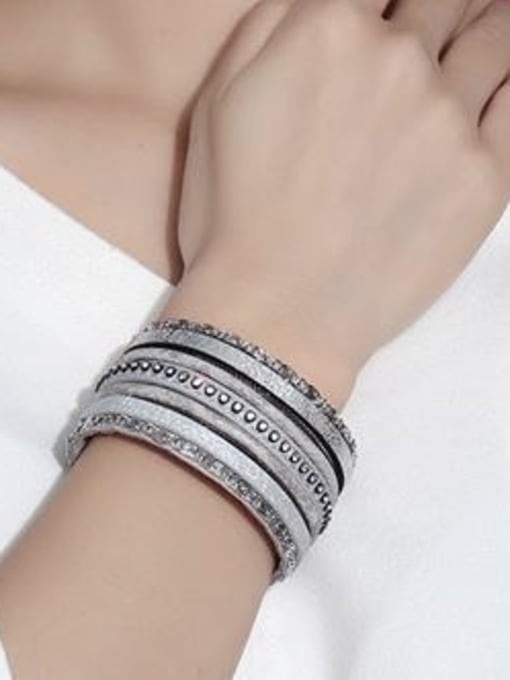 CONG Trendy Gray Artificial Leather Rhinestones Charm Bracelet 1